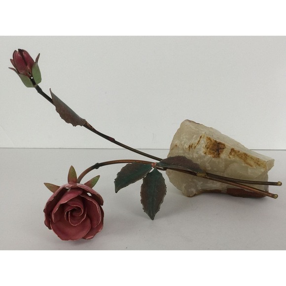 Enameled Copper Metal Rose Flower Sculpture Figurine on Quartz Rock Crystal Base - Picture 11 of 12